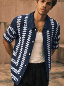 Manfinity VCAY Men's Casual Loose Drop Shoulder Short Sleeve Cardigan, For Fall Winter - Multicolor - View 5