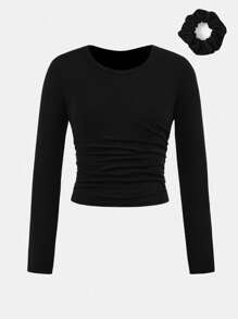 SHEIN Girlism Tween Girls Black Ruched Design T-Shirt With Hair Scrunchie, Casual Daily Fashionable Versatile Black Long Sleeve Crop Top Fitted Long Sleeve Crop Top Black Crop Top Long Sleeve Crop Top Cute Black Crop Top Fall Winter - Black - View 1