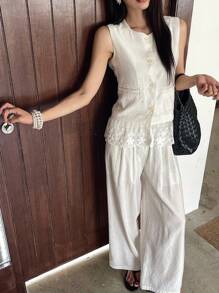 DAZY 2pcs/Set Summer Casual Lace Patchwork Camisole And Wide Leg Pants Set For Women Lounge Sets For Women Short Sets For Women - Beige - View 3