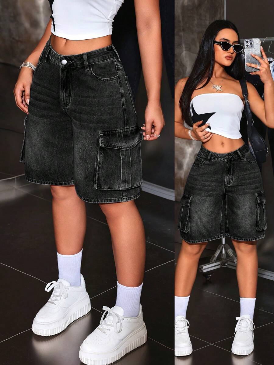 SHEIN PETITE Women's Casual Washed Flip Pocket Loose Cargo Denim Shorts, Summer
