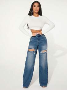 SHEIN SXY Casual Washed Distressed Straight Leg Jeans - Dark Wash - View 5