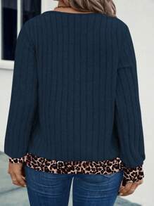 EMERY ROSE 女士秋冬休闲V领长袖撞色拼接豹纹图案卫衣，大码套头衫 - 藏蓝色 - 查看 2