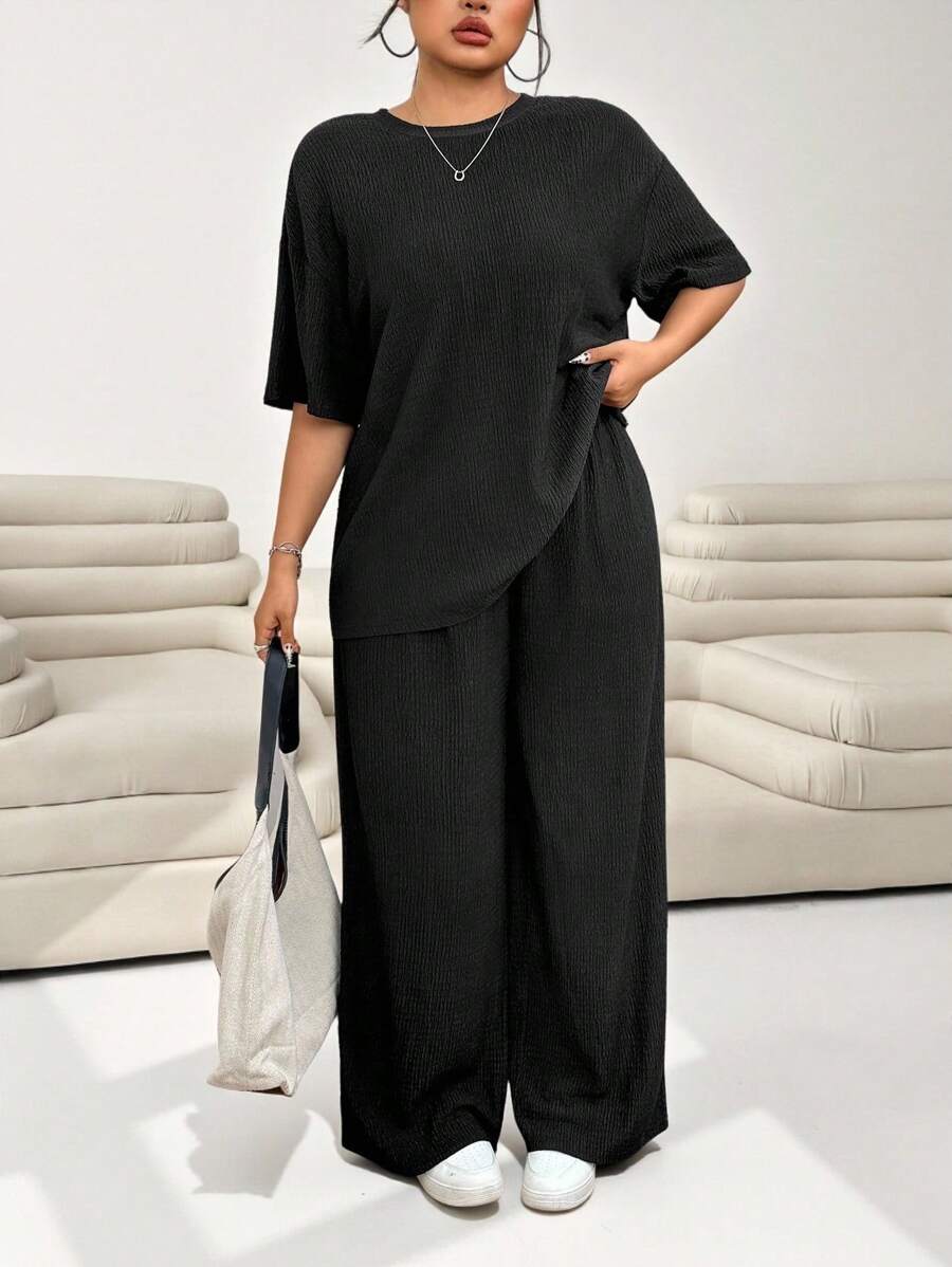 Solflare Plus Size Women Summer Solid Color Round Neck Drop Shoulder Blouse And Wide Leg Pants Casual 2 Pieces Set,Business Casual Woman,Back To School - Black - View 1