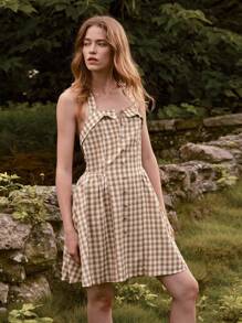 SHEIN Holidaya Summer Plaid Halter Neck Dress (Random Print Design) - Khaki - View 5