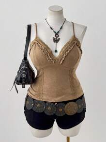 Sunspun 大码荷叶边蕾丝拼接修身吊带背心 - 卡其色 - 查看 1