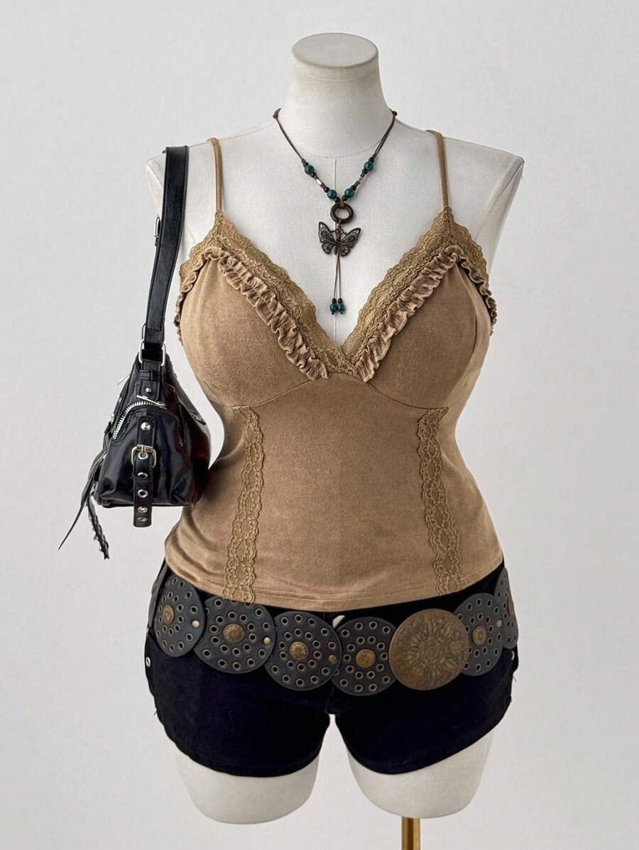 Sunspun 大码荷叶边蕾丝拼接修身吊带背心 - 卡其色 - 查看 1