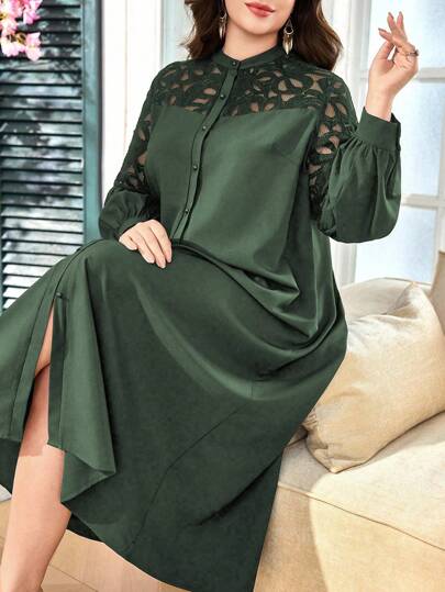 SHEIN Lacomfia Plus Size Women's Arabic Style Long Sleeve Shirt Dress, Embroidery Lace Patchwork, Loose Comfortable Elegant Casual Versatile Fall Cloth For Women