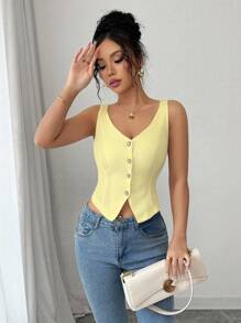 Elenzga Débardeur slim ajusté col V nouveau style printemps et été 2025 - Jaune citron - Voir 4