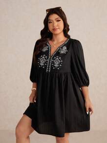 Elaquor Plus Size Casual Minimalist Vacation Embroidered V-Neck A-Line Loose Dress For Women, 3/4 Sleeve, Black,Fall Clothes For Women - Black - View 3