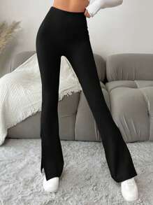 EURMUSE Petite Size Women's Solid Color High Waist Flared Casual Leggings - Black - View 4