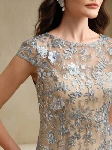 Anewsta 优雅香槟色花卉装饰网眼女士度假连衣裙，闪亮短袖派对/约会连衣裙，春夏装 - 銀色 - 查看 3