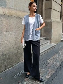 DAZY Women's Deep V Single-Breasted Pocket Loose Casual Denim Vest Women Vest Vest Shirt Jeans Vest Denim Waistcoat - Blue - View 5