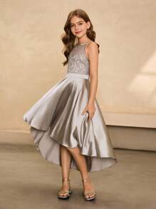 婚礼季女童蕾丝拼接雪纺前短后长高端连衣裙，适合舞会、生日派对、毕业典礼、万圣节的短款礼服 - 灰色 - 查看 1