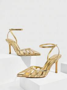 CUCCOO SZL Women's Metallic Gold PU & Mesh Panel Strap Ankle Strap Pointed Toe Backless Fashion Sexy French Style Party Date Pumps