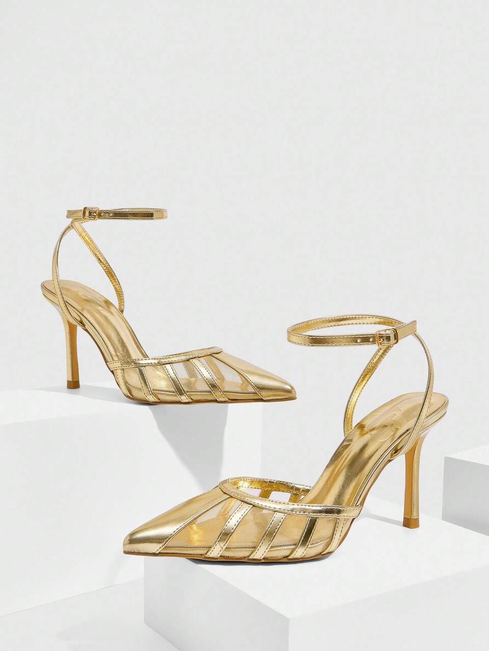 CUCCOO SZL Women's Metallic Gold PU & Mesh Panel Strap Ankle Strap Pointed Toe Backless Fashion Sexy French Style Party Date Pumps For Christmas Spring Shoes