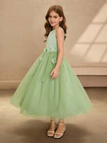 女孩高贵绿色圆领无袖3D花卉薄纱连衣裙，适合派对、宴会、度假、晚会、婚礼、花童表演、生日等场合 - 綠色 - 查看 5