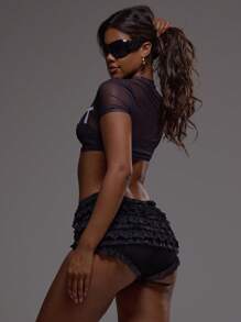 MUSERA 网眼标语上衣印花T恤 冬季派对 春夏 - 黑色 - 查看 2