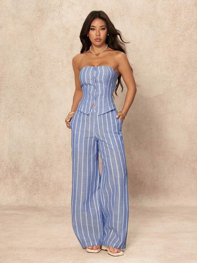 SHEIN PETITE Conjunto Casual Feminino de 2 Peças com Regata Listrada de Abotoamento Único e Calça Pantalona, Conjuntos de Loungewear para Uso Diário - Azul bebê - Visão 7