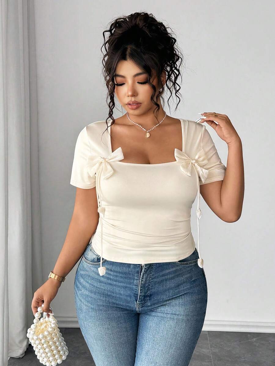 Elenzga Plus Size Women's Solid Color Short Sleeve Tank Top, Summer Fashion - Beige - View 1