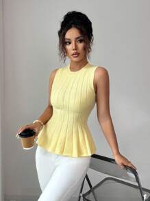 Elenzga 女式优雅无袖圆领荷叶边下摆针织上衣，淡黄色，适合春、夏、秋季节、度假和节日针织套头衫秋冬 - Butter Yellow - 查看 2