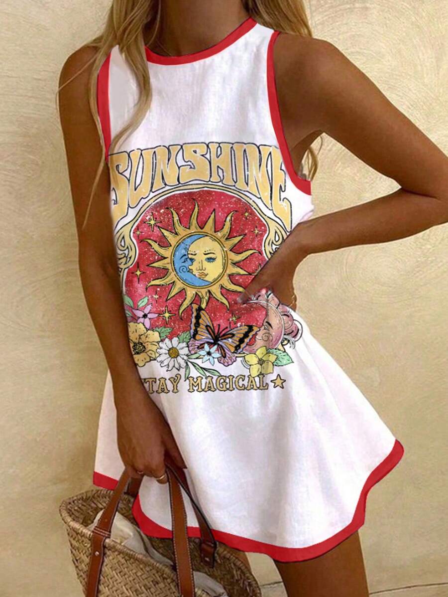 SHEIN EZwear 休闲简约太阳图案女士短裙,适合夏季 - 白色 - 查看 1