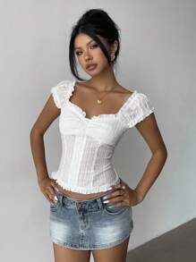 Aloruh 女式 Fairy Grunge 泡泡袖短袖衬衫，复古蕾丝边白色衬衫 - 白色 - 查看 7