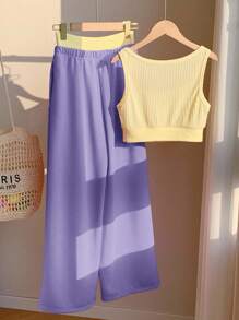 Comfortcana 2 件套女士夏季度假装，字母印花背心和撞色长裤，奶油黄和紫色 - 紫丁香色 - 查看 3