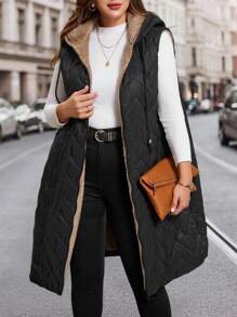 SHEIN Clasi 女士加大码棉质羽绒背心，优雅长款无袖羽绒背心，带口袋，保暖连帽棉质羽绒背心，适合秋冬季节穿着。 - 黑色 - 查看 7