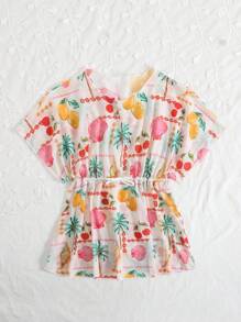 Young Girl Random Print Vacation Style Cover-Up Cover Up