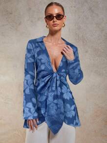 COSMINA Fall Women Clothes Floral Print Turndown Collar Long Sleeve Knotted Front Deep V Blouse,Shirts Gor Women - Blue - View 5