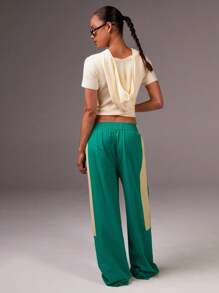 Athîral Women Contrast Elastic Waist Casual Loose Wide Leg Yoga Pants,,Back To School Outfits,Going Out Outfits, Joggers