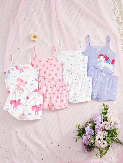 8 st. sommarset med enhörning, hjärta, måne, stjärna och blommönster för flickor. Lämplig för unga flickor, mjuk, andningsbar, maskintvättbar, bekväm passform och enkel design. (Säljs separat i 4 set), flickunderklädespaket, tight passform, flick-enhörningspyjamas, skolstartsmode, skolstartsmode