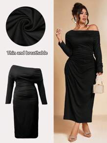 Allurite Plus Size Women's Solid Color Elegant Asymmetric Neck Wedding Dress