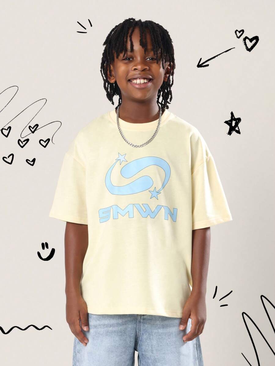 SUMWON Camiseta gráfica con logo SMWN, diseño de marca contemporánea moderna de comodidad diaria, estampado de estrella, manga corta, cuello redondo, estilo casual juvenil de moda urbana para el verano