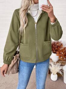 SHEIN Casual Solid Color Zipper Fleece Jacket, Autumn/Winter Fall Cloth For Women - Army Green - View 4