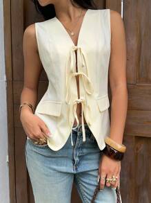 Sunnyshic Textured Bamboo Stripe Tie-Front Sleeveless Women Jacket - Yellow - View 4