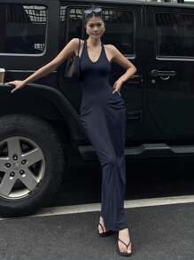 Strévra 女士 V 领修身长款裹身连衣裙 - 藏蓝色 - 查看 5