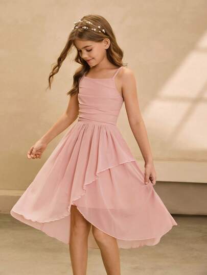 Tween Girls Elegant Luxurious Pink Spaghetti Strap Off Shoulder Mid-Length Party Dress, Suitable For Birthday Party, Wedding, Prom, Banquet, Performance, Flower Girl And Vacation Fall Winter