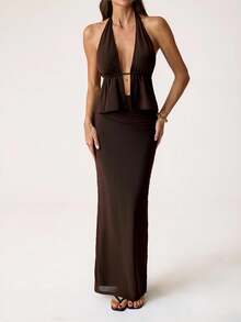 SHEIN Tall Women Elegant Plain Color Sexy Brown Halter Low Back Crop Top And Skirt Set,Elegant Outfits For Party,Wedding Guest Sets For Women,Party Outfit - Brown - View 3