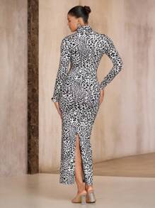 Avenne Vestido largo ajustado de cuello alto con estampado animal de manga larga, para mujer, para otoño/invierno