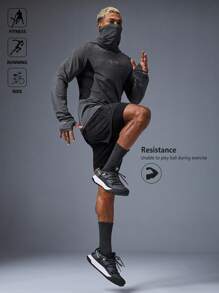 Manfinity Sport Polished Men's Barbell Print Raglan Sleeve Hoodie With Face Mask, Suitable For Fitness, Running, Cycling Ultra Lightweight Sweat-Wicking 4-Way Stretch Material Physique-Enhancing Seamless Design Hooded For Workout Gym Top