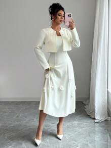 Modelyn 2件套女士无袖花卉装饰短款夹克套装 - 杏色 - 查看 6