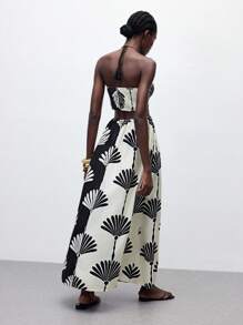 Maija Abito loose con collo a coulisse, effetto colorblock bianco e nero, con stampa, con frange e design traforato, stile casual da vacanza e spiaggia, versatile per primavera/estate