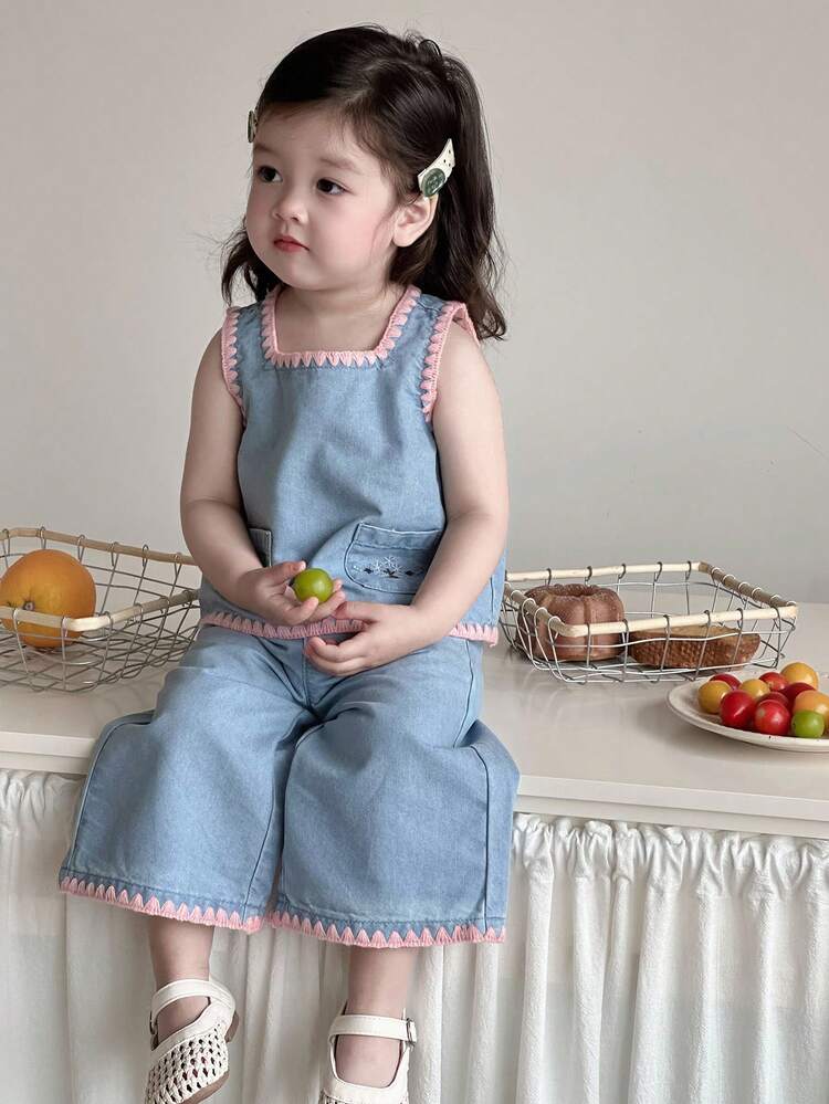 Toddler Girls Decorative Line Splice Korean Style Sleeveless Blouse + Loose Wide-Leg Jeans Pants Set
