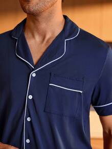 男士撞色滚边睡衣套装 / 睡衣套装 - 藏蓝色 - 查看 5