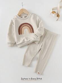 Cozy Pixies 两件套女童彩虹图案针织柔软圆领长袖卫衣和松紧腰裤，舒适百搭时尚休闲基础款套装，适合室内、室外、休闲、滑雪、返校、日常穿着、运动、玩耍、派对、节日、万圣节、圣诞节、新年、情人节、复活节、旅行等各种场合。