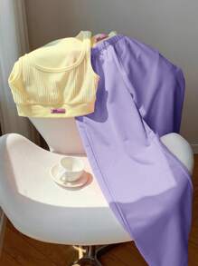 Comfortcana 2 件套女士夏季度假装，字母印花背心和撞色长裤，奶油黄和紫色 - 紫丁香色 - 查看 5