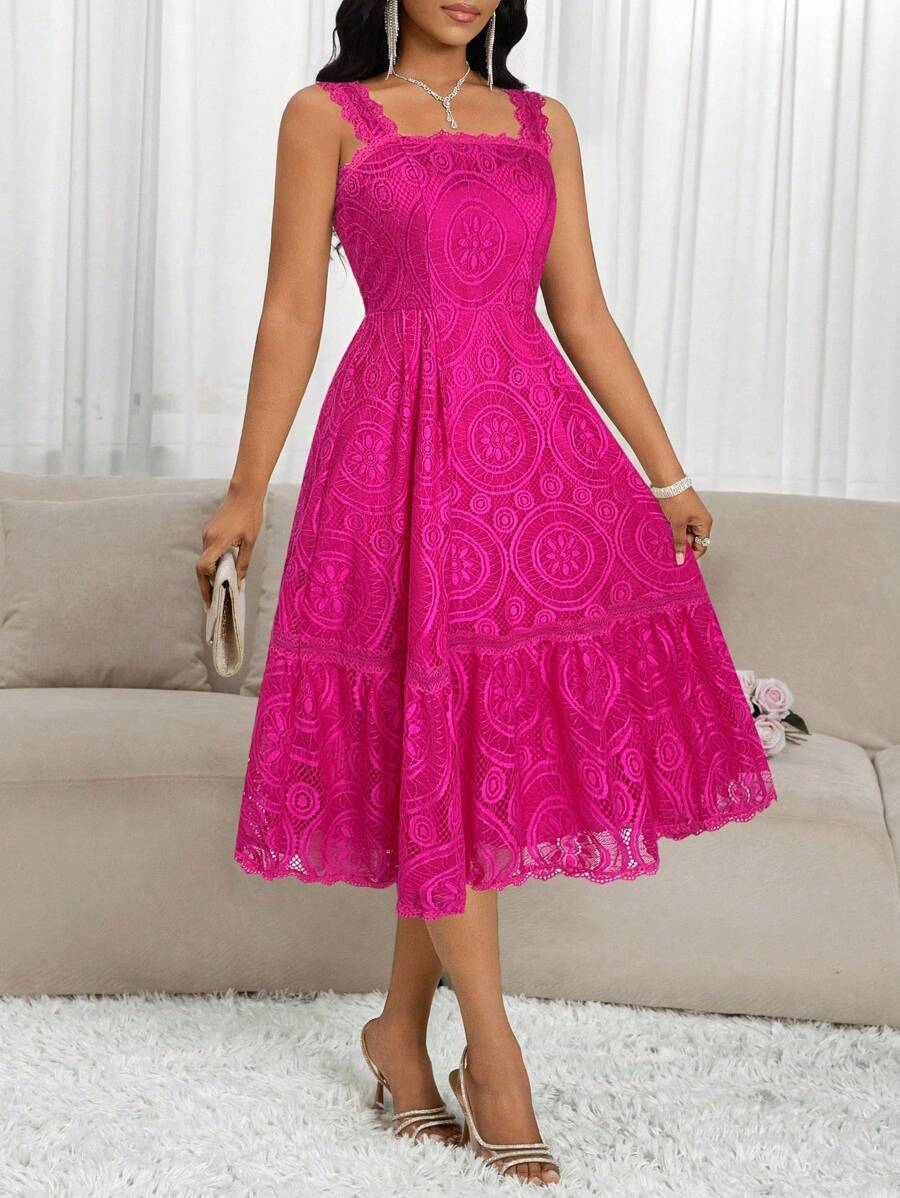 SHEIN Lady 2025 New Floral Lace Ruffle Hem Elegant Maxi Slip Dress For Women Fuchsia Dress Rose Lace Dress - Hot Pink - View 1