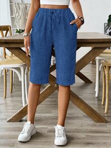 Breezaya 女士纯色抽绳休闲松紧腰短裤，适合假期穿着 - 藍色 - 查看 1