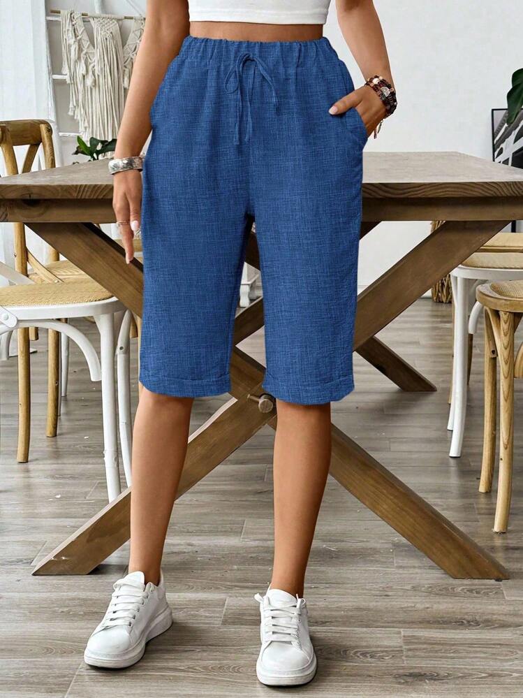 Breezaya 女士纯色抽绳休闲松紧腰短裤，适合假期穿着 - 藍色 - 查看 1